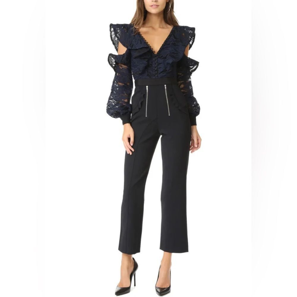 Self Portrait Navy and Black‎ Camo Lace Frill Cold Shoulder Jumpsuit, Size 8